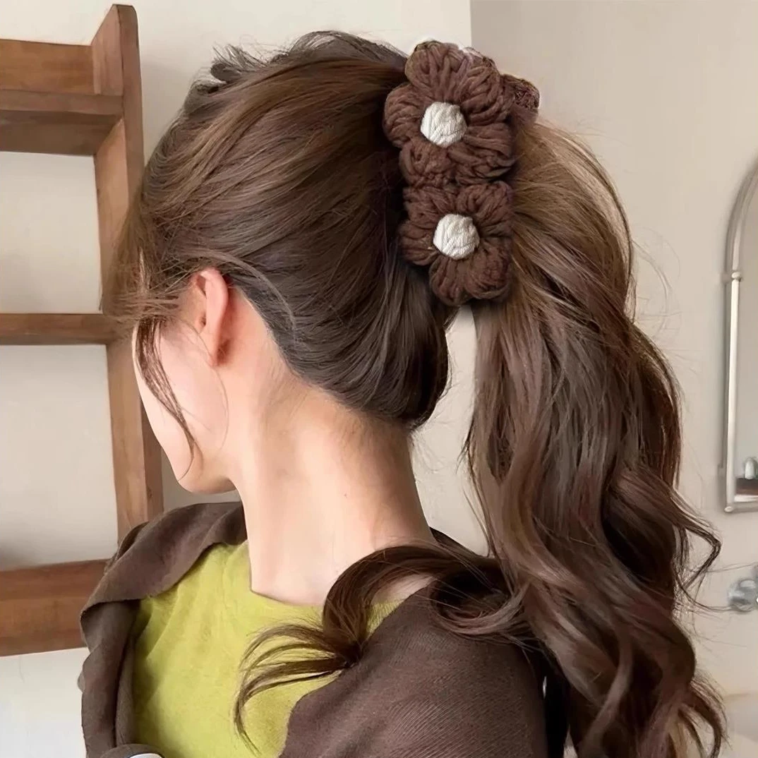 复古毛线花朵香蕉夹竖夹女秋冬饱满后脑勺高马尾抓夹气质百搭发夹