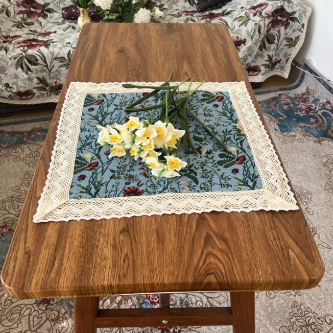 ZN122-58棉麻【58*58/对】宝石蓝向日葵棉麻交织桌布茶几布