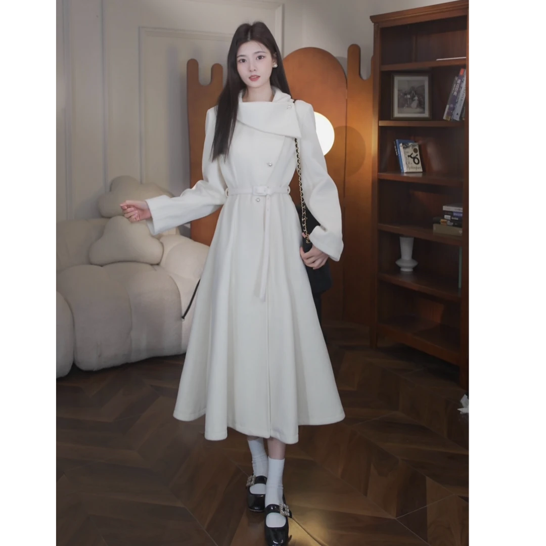 鹿向南【海岛热恋】冬季厚款保暖外套韩系杏色两穿大衣/连衣裙