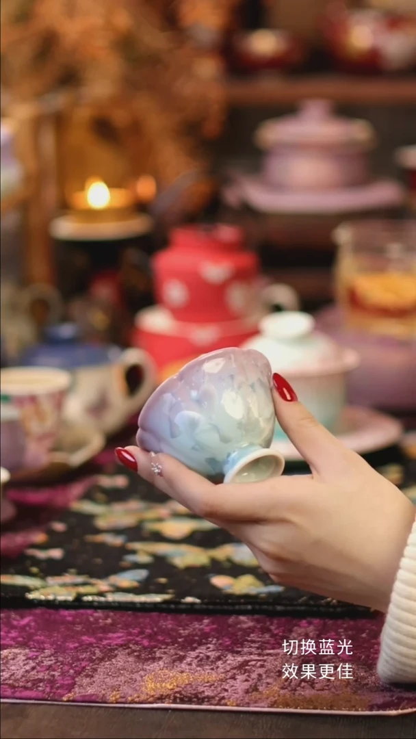 结晶釉紫青高足花口杯福利款