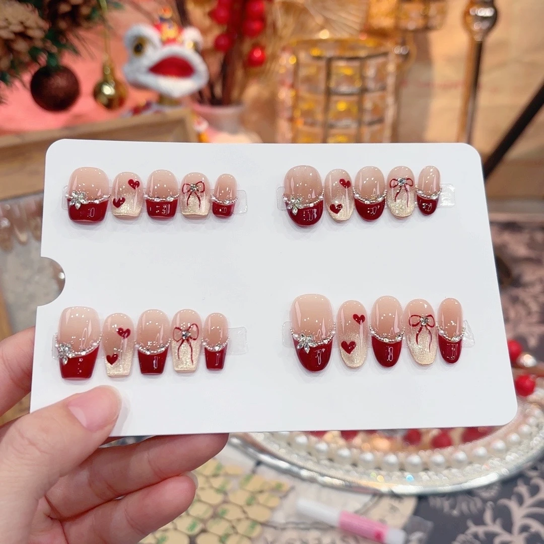 【情人结】纯手工穿戴甲光疗美甲情人节高级显白指甲贴