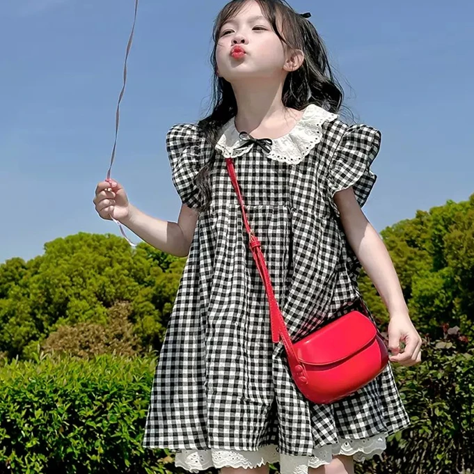 格子连衣裙2025夏装韩版花边甜美连衣裙中大童洋气女孩纯棉裙子潮