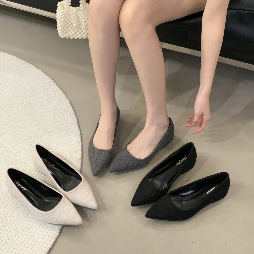 法式尖头浅口单鞋女鞋2025新款浅口晚晚风温柔毛呢奶奶鞋平底瓢鞋
