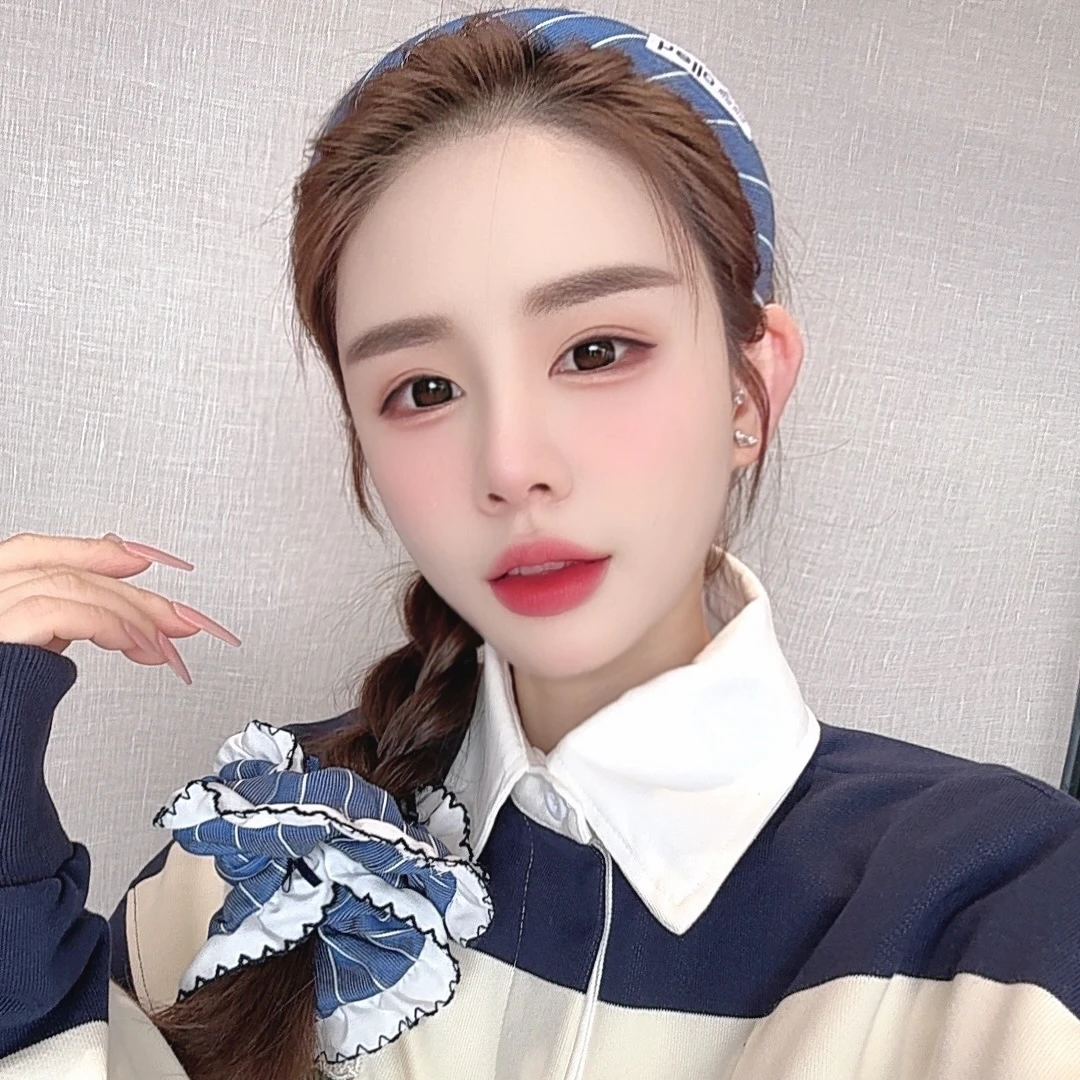 蓝色~新款蓝格纹发箍发圈气质学院风高颅顶头箍花边大肠圈两件套