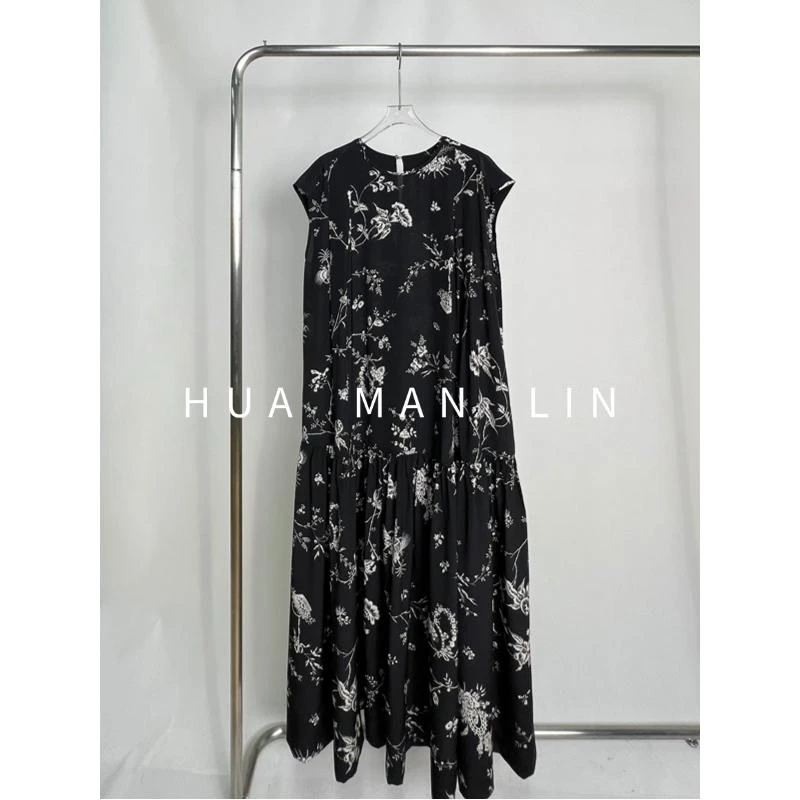 【花滿林】圆领胸前捏褶娃娃下摆桑蚕丝盖袖连衣裙259688