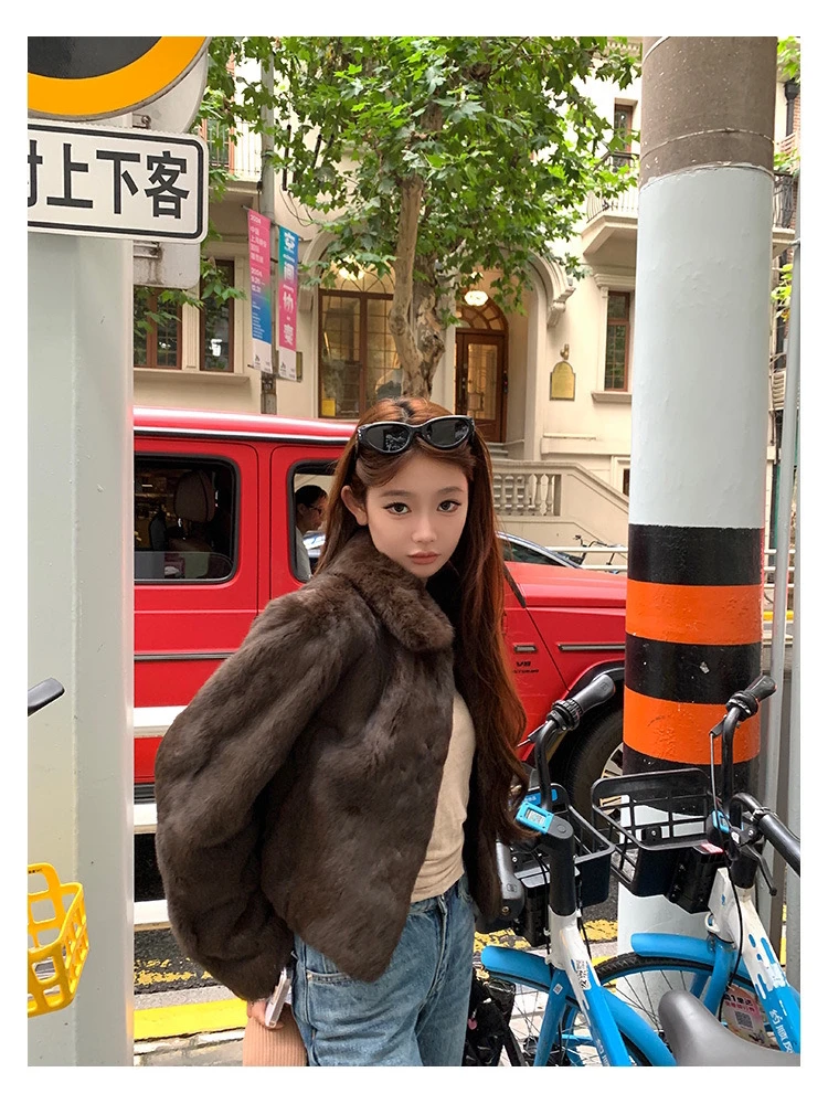 【奶姐兔】上东老钱风100兔毛短款高级感毛毛外套2025秋冬立领外套