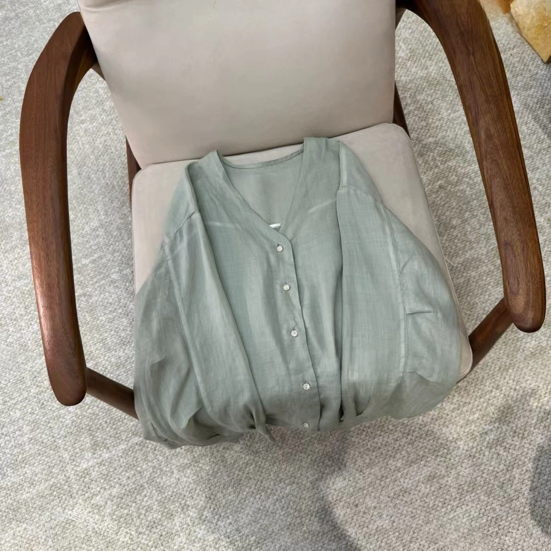 【苎麻系】100苎麻V领长袖衬衫防晒开衫夏季新款时尚百搭女气质衬衣
