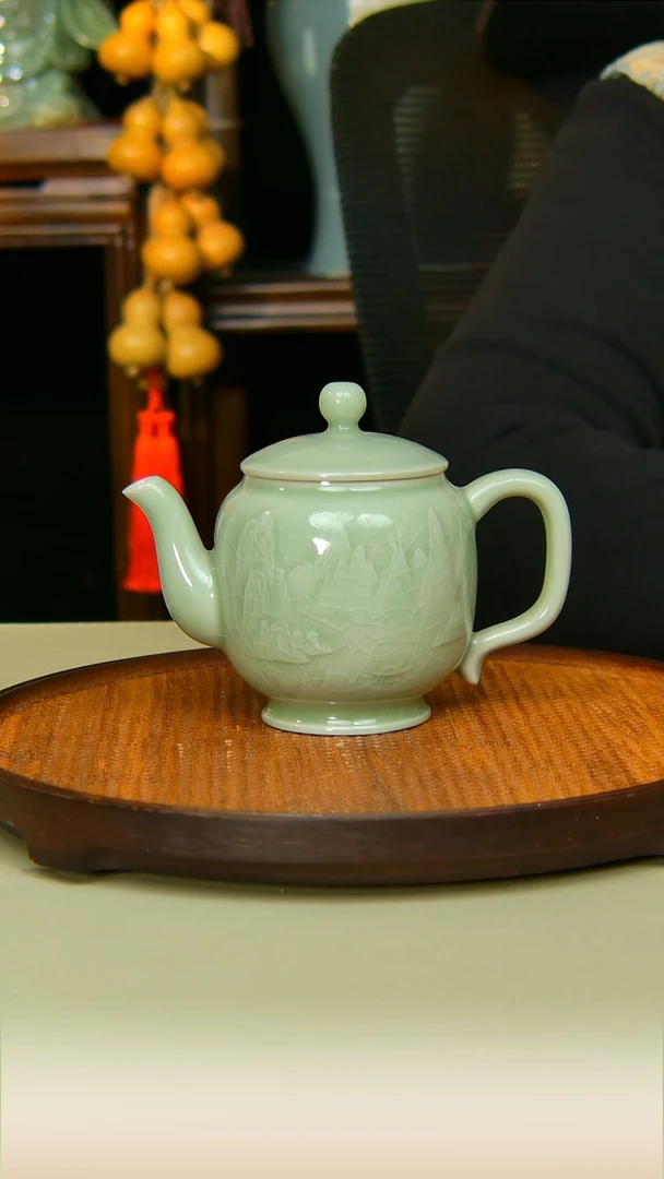 汝瓷豆绿山水宫灯原矿全手工不完美
