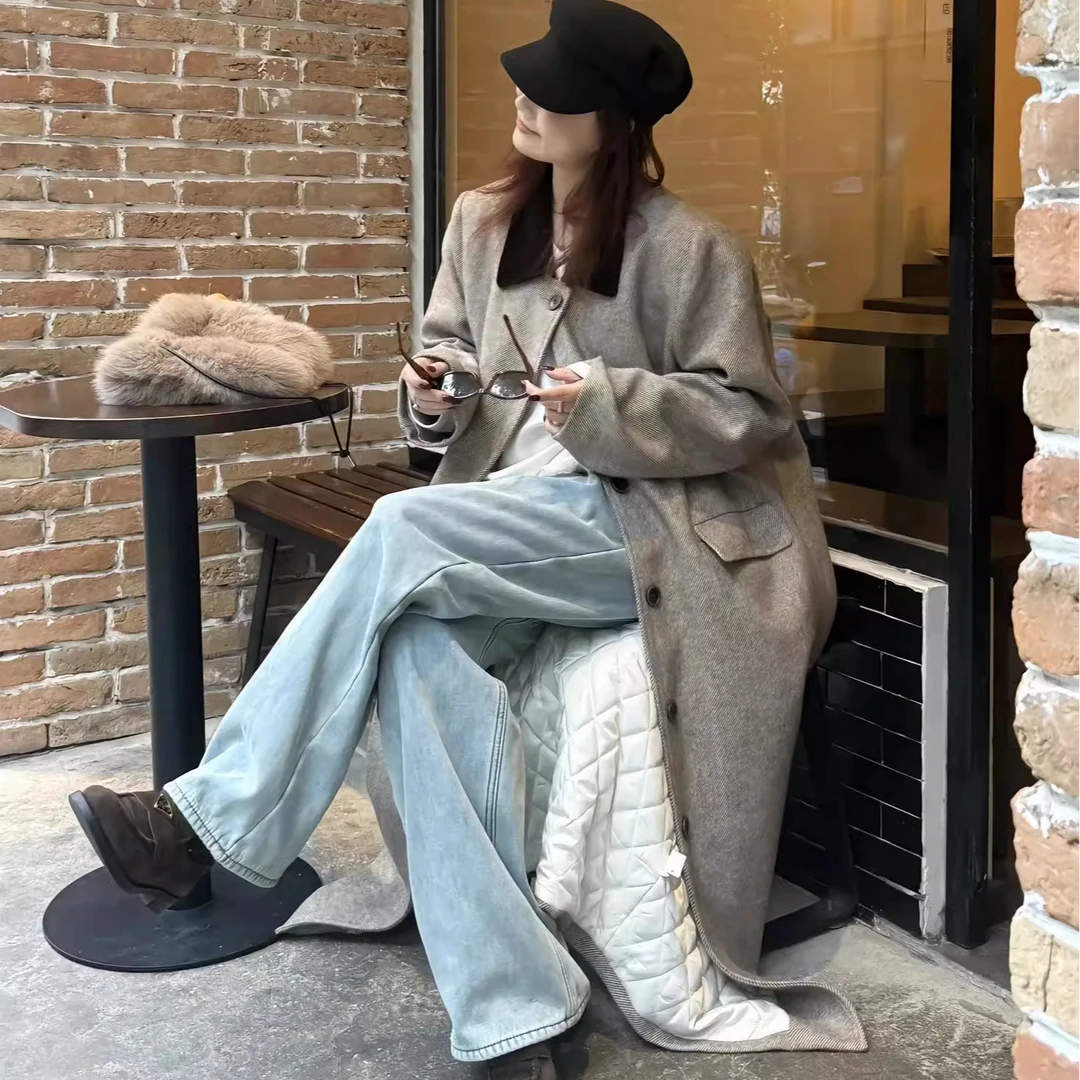 冬季新款大码女装显瘦呢子大衣胖mm韩系撞色赫本长款加厚毛呢外套