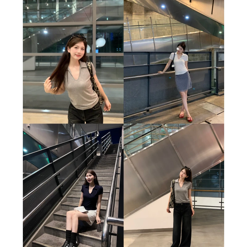 【NAMEROU】“气质Girl”莱塞尔薄款翻领正肩纯色T恤女