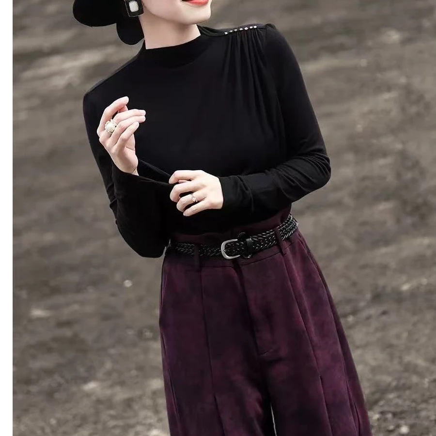 5197 T恤黑色百搭褶皱通勤风修身型常规半高领内搭打底衫长袖修身