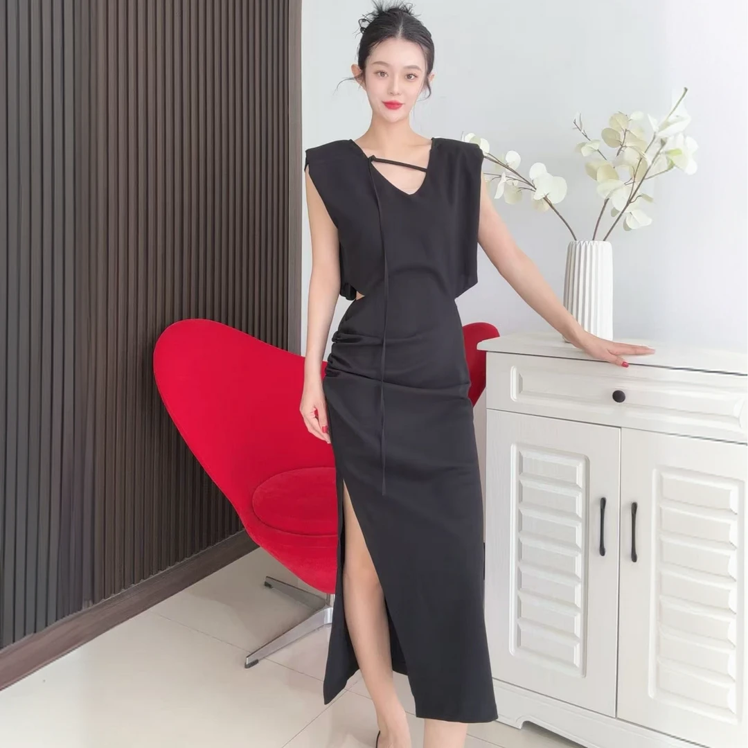 欧货设计师款开叉漏腰褶皱显瘦气质高级感连衣裙6110