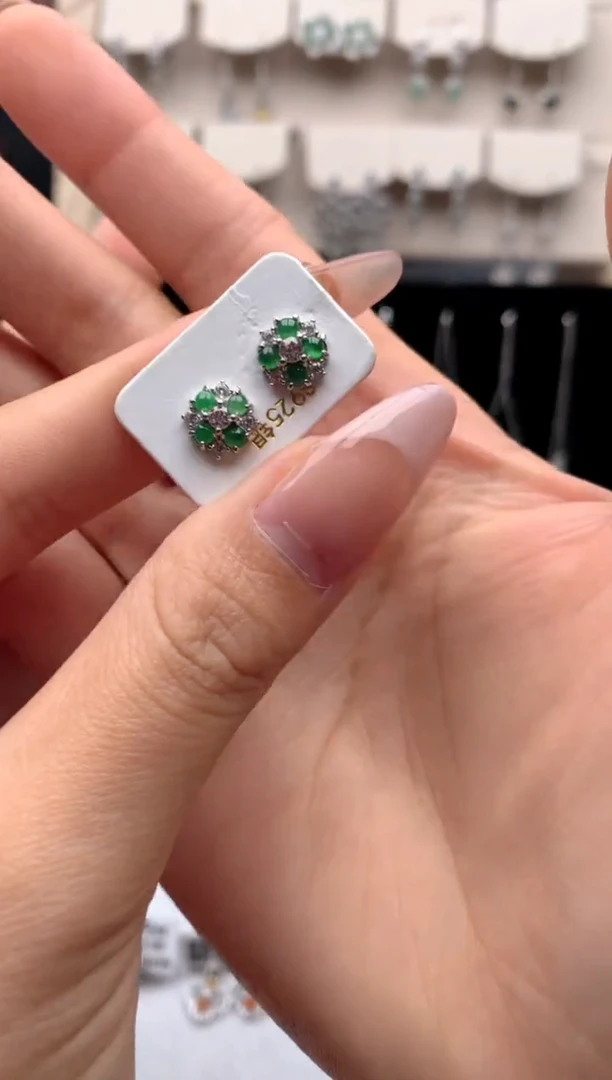 【闪购商品】翡翠耳饰银S925镶嵌3号