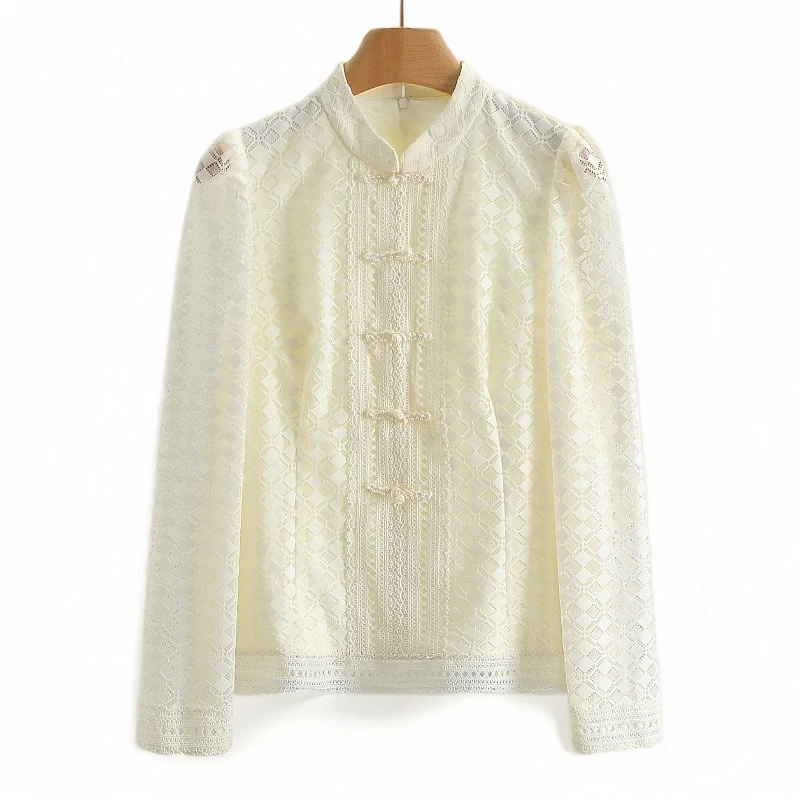 【伍莎-自营】新中式盘扣立领纯色复古蕾丝衫#ZHX48S001