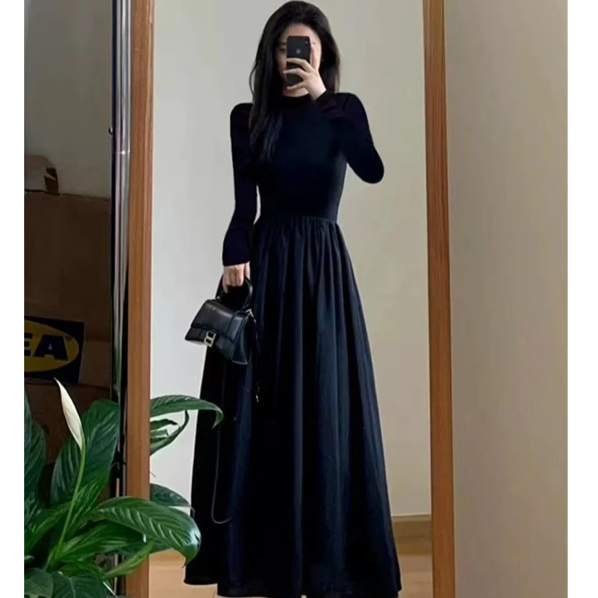2025新款赫本小黑裙过膝内搭裙打底配大衣法式连衣裙初秋长款