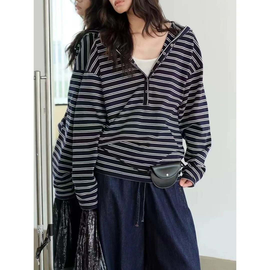 法式复古轻运动慵懒堆堆感条纹连帽上衣 UY-25183