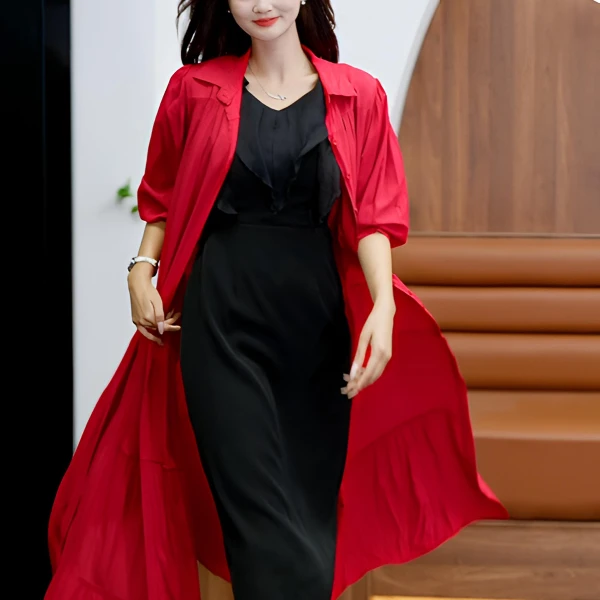 翻领开衬 套头春夏秋连衣裙女装春夏外搭中长款红色夏季女士宽松