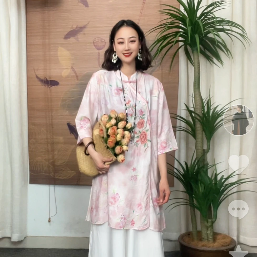 434-3新品蝶恋花中长版显瘦拼接新中式百搭气质国风上衣