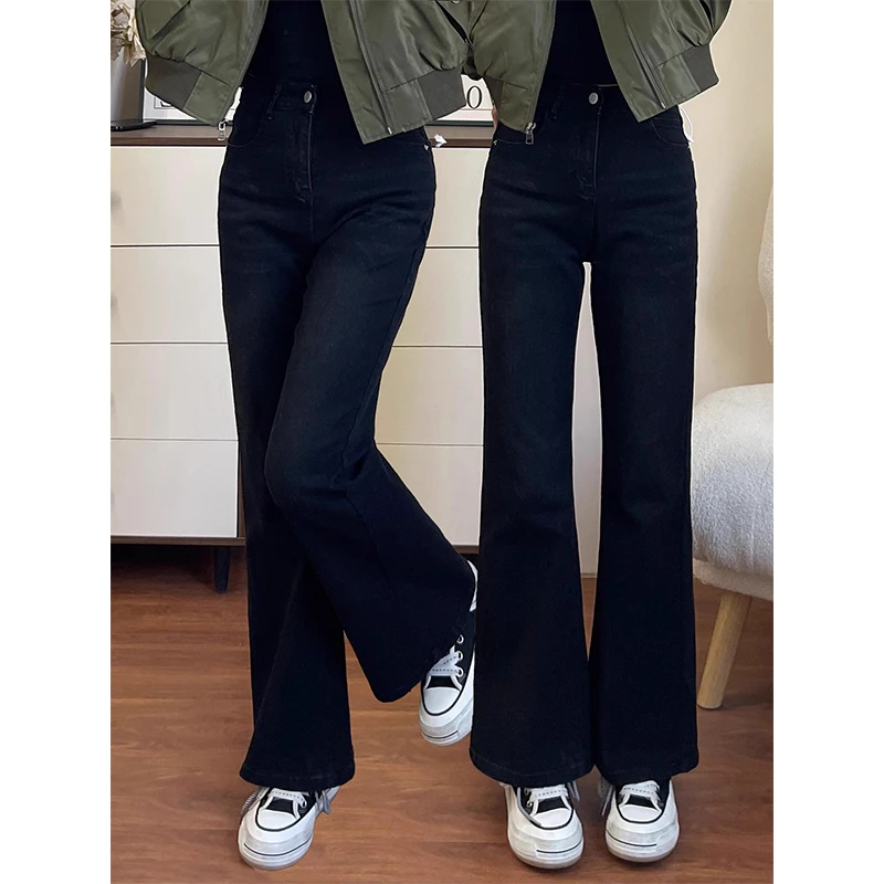 黑色不贴腿微喇裤女2025春新款牛仔裤大码胖mm腿粗弹力显瘦喇叭裤