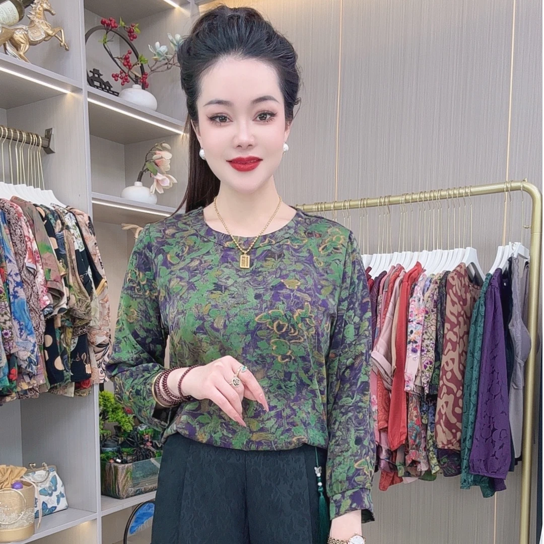 091【绿叶复苏】春夏新款圆领网红花色显瘦高端时尚洋气妈妈装衬衫