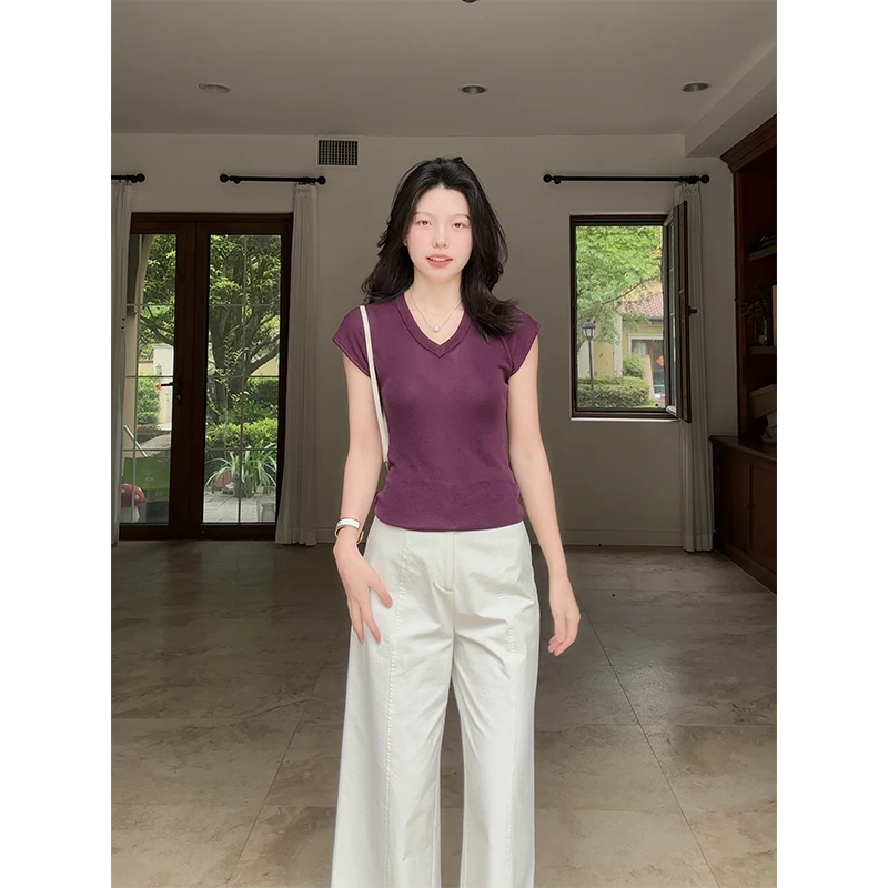 郭九九呢 100%天丝气质高贵紫V领显瘦上衣直筒阔腿裤 G925Z05434
