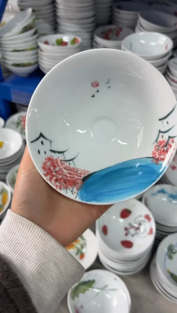 瓷片景德镇高温陶瓷食品级手绘釉中彩-斗笠碗