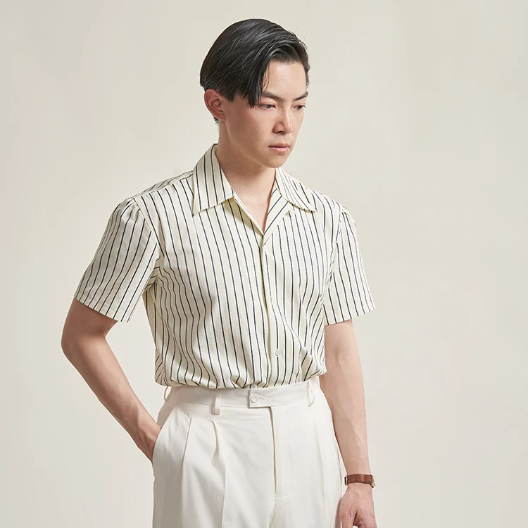 平圆方中【泡泡纱透气】古巴领短袖衬衫男复古竖条纹法式休闲半袖