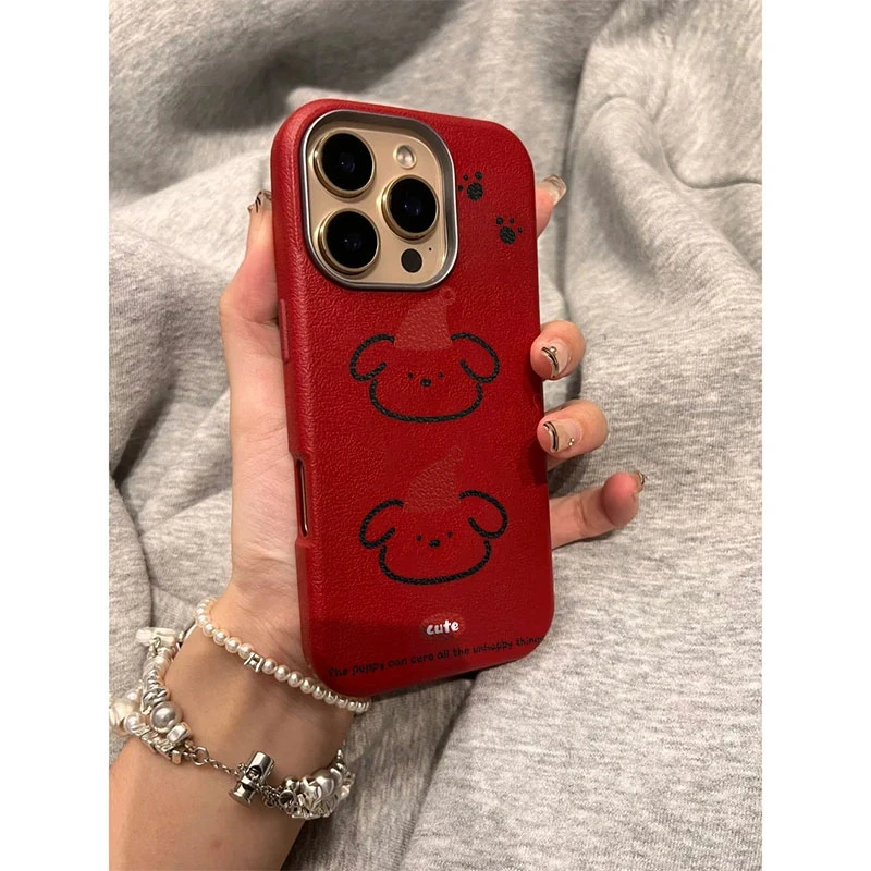 可爱帽子小狗适用苹果16ProMax手机壳荔枝纹iphone1514高级131211