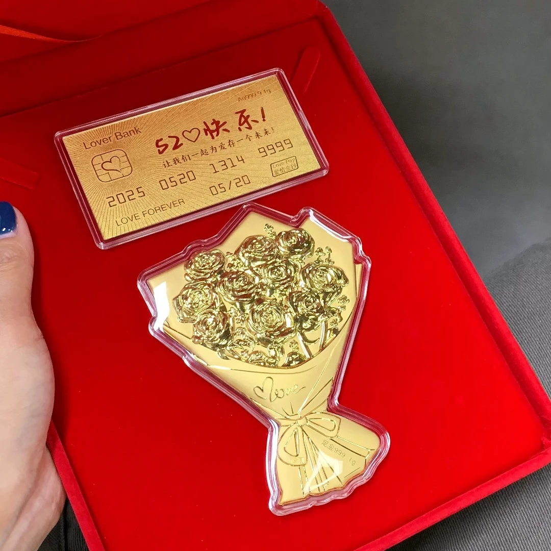 周金生黄金大玫瑰花+520快乐组合搭配足金999情人节520礼物送女友