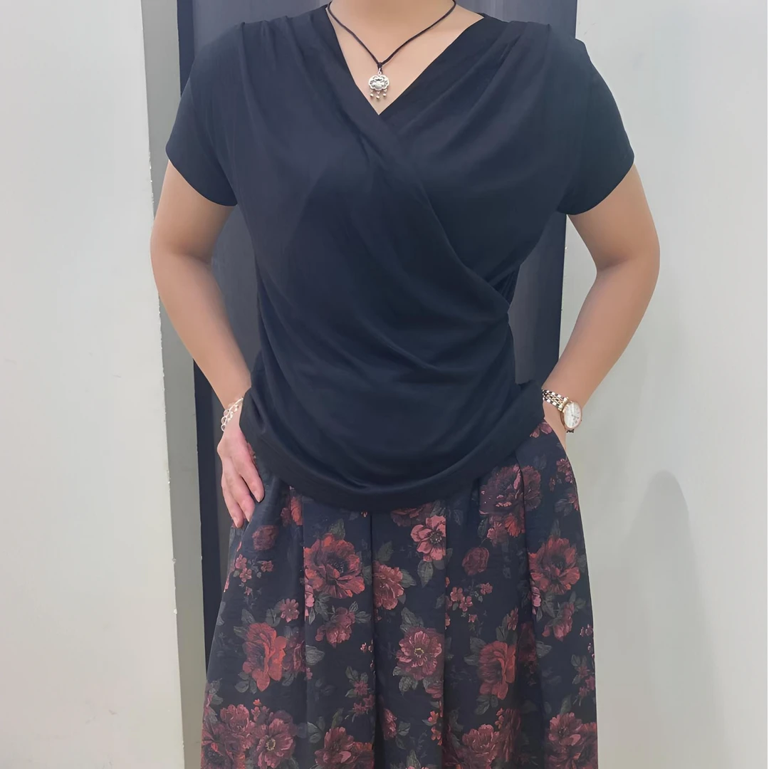 束身莫代尔纯棉T恤修身型设计师提花短袖交叉领V领纯色百搭休闲