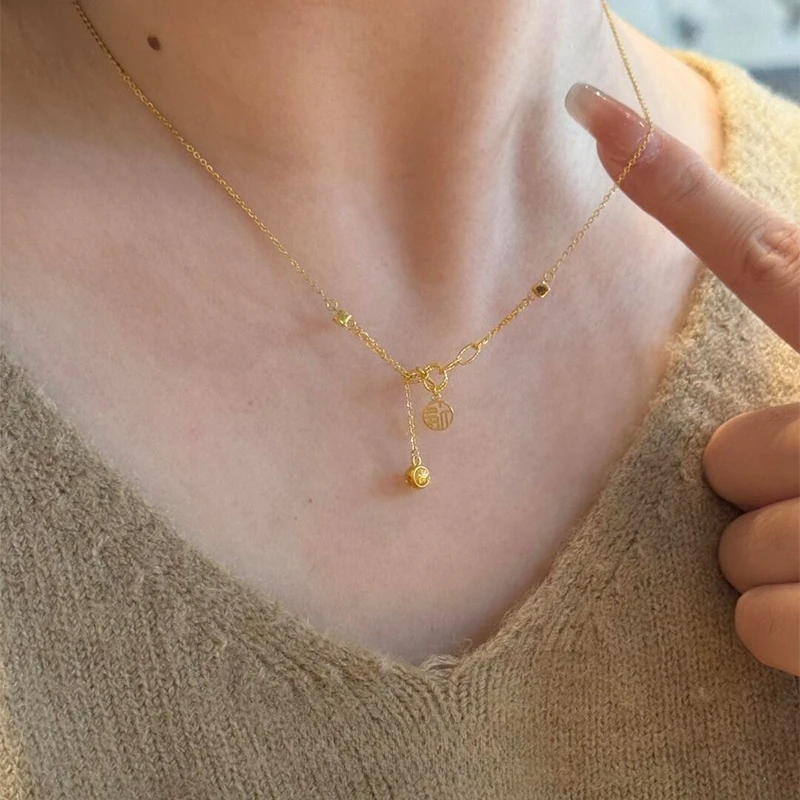 卡柒 铜合金项链 新中式金色福牌铃铛项链女轻奢气质高级感锁骨链