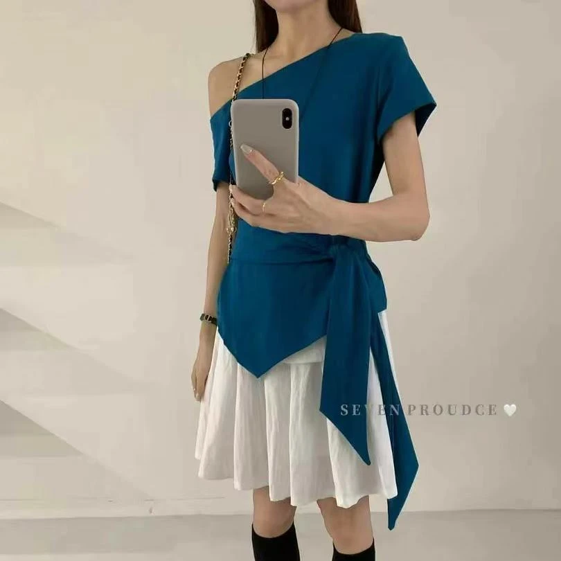 2025夏季新款韩系时尚显瘦显气质斜肩绑带短袖T恤女004