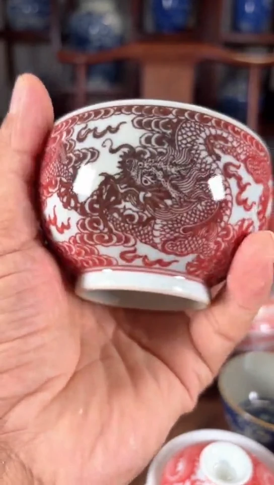 柴窑釉里红五龙杯杯