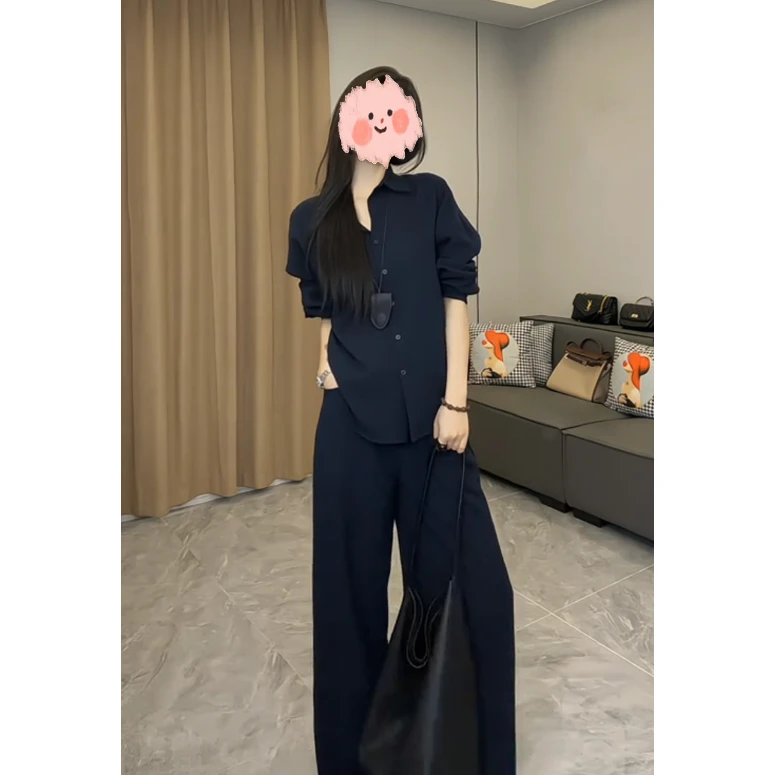 老钱风套装女高级感气质藏蓝色宽松显瘦短袖衬衫休闲阔腿裤两件套