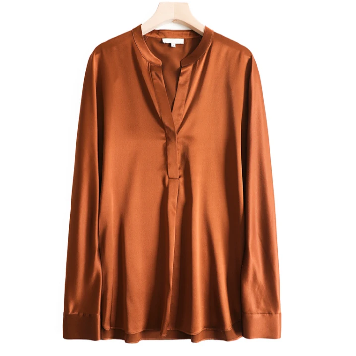 秋木气质轻奢三色真丝V领衬衫女士上衣纯色长袖桑蚕丝CY2621