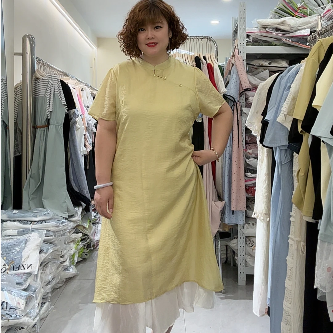 89165新中式收腰改良旗袍裙夏胖mm大码斜襟白色拼接中国风连衣裙