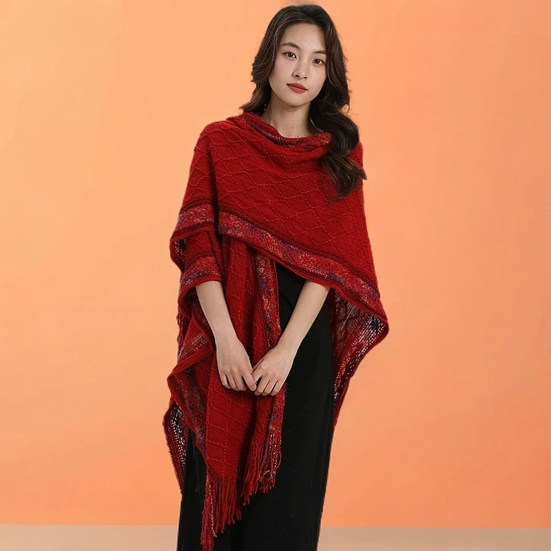 新款外搭流苏披肩女针织开衫红色民族风百搭宽松秋冬外套百搭气质