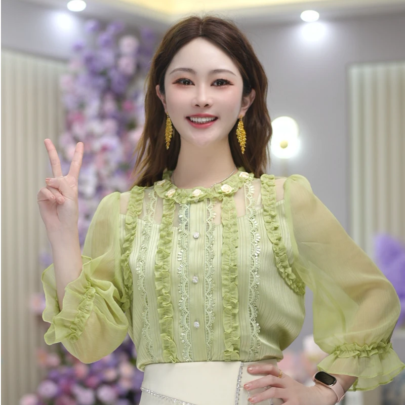 【夏雨荷】夏季新款优雅时尚气质衬衫洋气百搭减龄显瘦上衣 DY5758