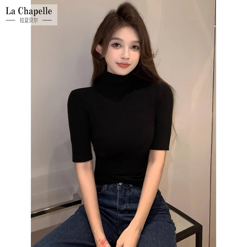 拉夏贝尔螺纹黑色半高领中袖t恤女洋气新修身中领上衣针织五分袖