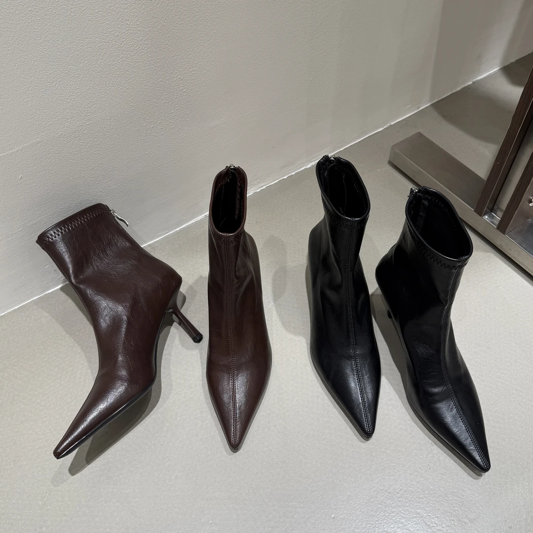 极简高级感！气质尖头高跟短靴女后拉链细跟裸靴百搭猫跟瘦瘦靴