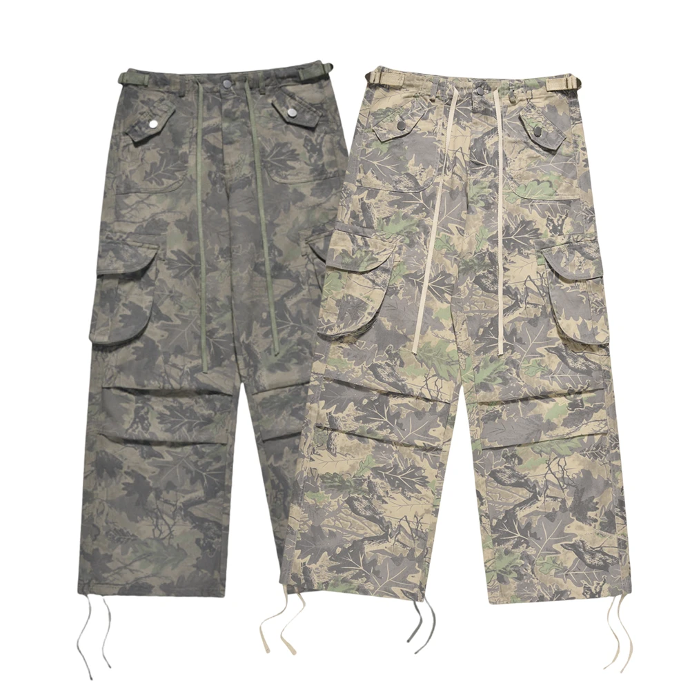 bobo姐中性夏季美式复古宽松阔腿直筒迷彩工装多口袋休闲裤伞兵裤