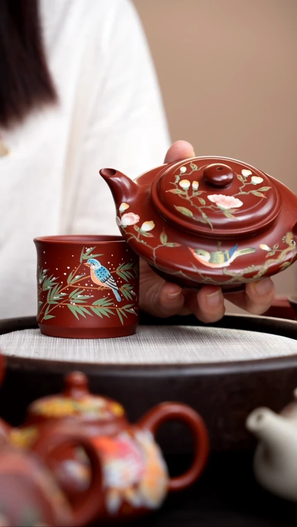 茶壶紫砂大红袍水扁泥绘花鸟+杯