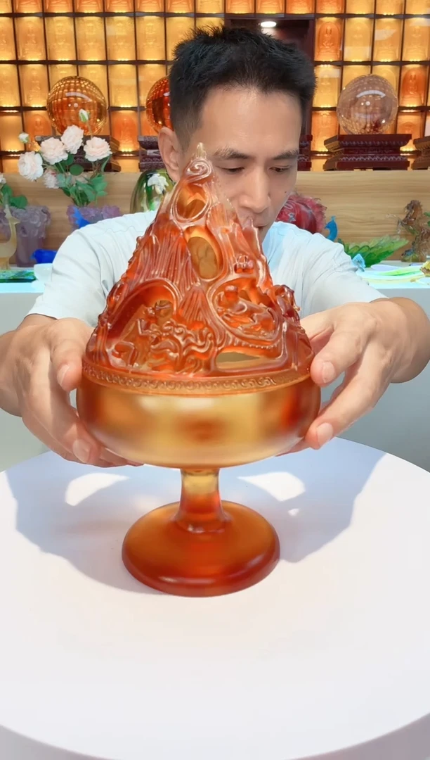 手工艺品琉璃琥珀色特大博山炉