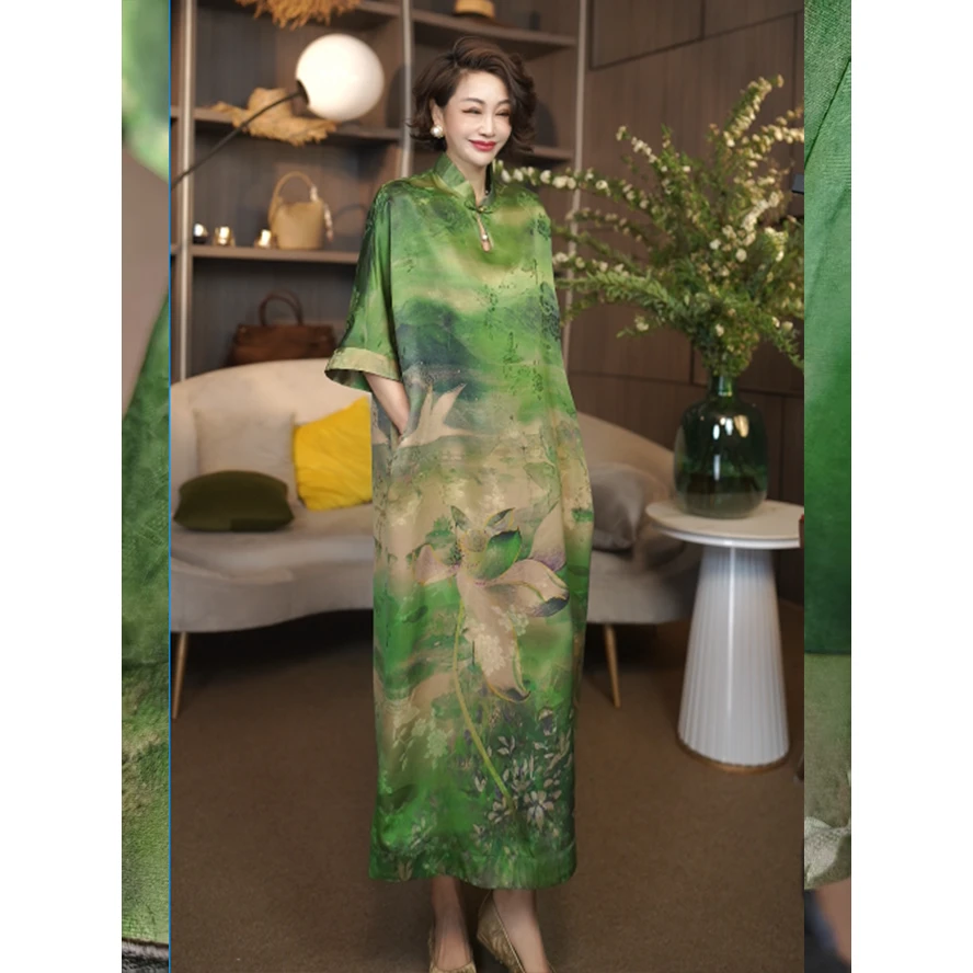 ST2510903显瘦短袖宽松复古中国风优雅春夏连衣裙夏季绿色气质