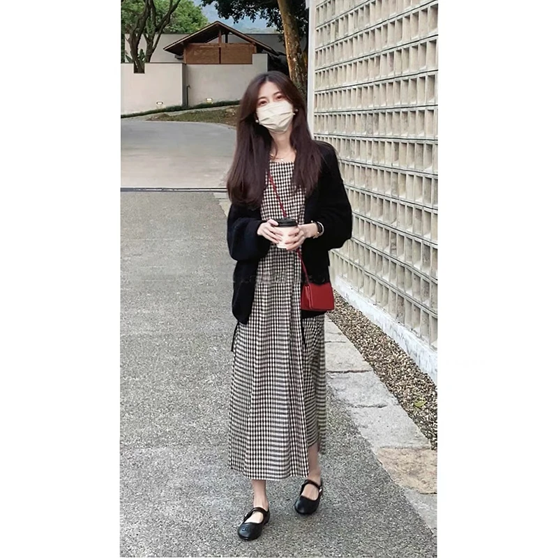 2025春夏显瘦无袖圆领a字宽松连衣裙女黑白格子背心裙3418