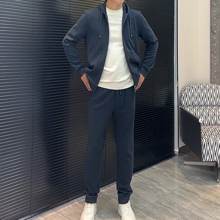 缇瑞绵羊毛套装241091男士秋冬新款绵羊毛高端连帽针织休闲套装