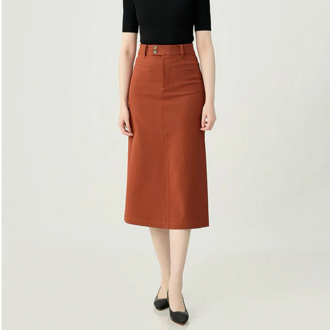 GIRDEAR/哥弟新款裙装修身气质复古高腰直筒中长款半身裙-1200369