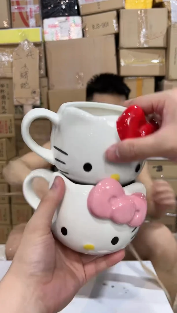 瓷片大号红色加粉色kt头杯2件套