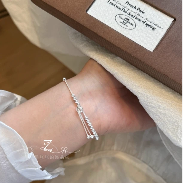 足银手链  纯银s925 银珠抽拉可调节手链 圆珠手饰简约百搭