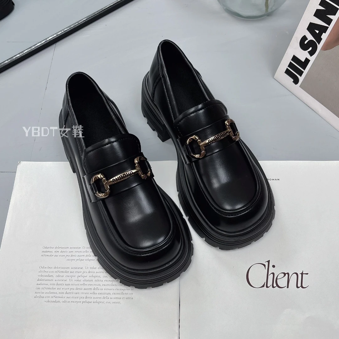 2025真皮厚底乐福鞋女春夏系一脚蹬圆头黑色小皮鞋粗跟百搭jk单鞋